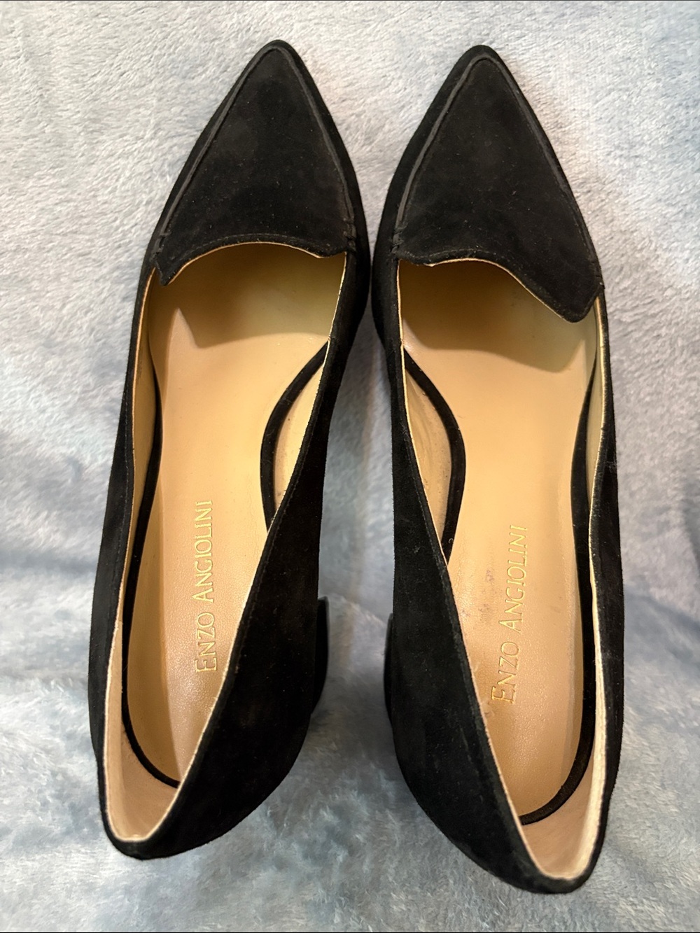 Enzo Angiolini Black Suede Pointed Low Block Heel Pumps with Gold Accent - Picture 3 of 11
